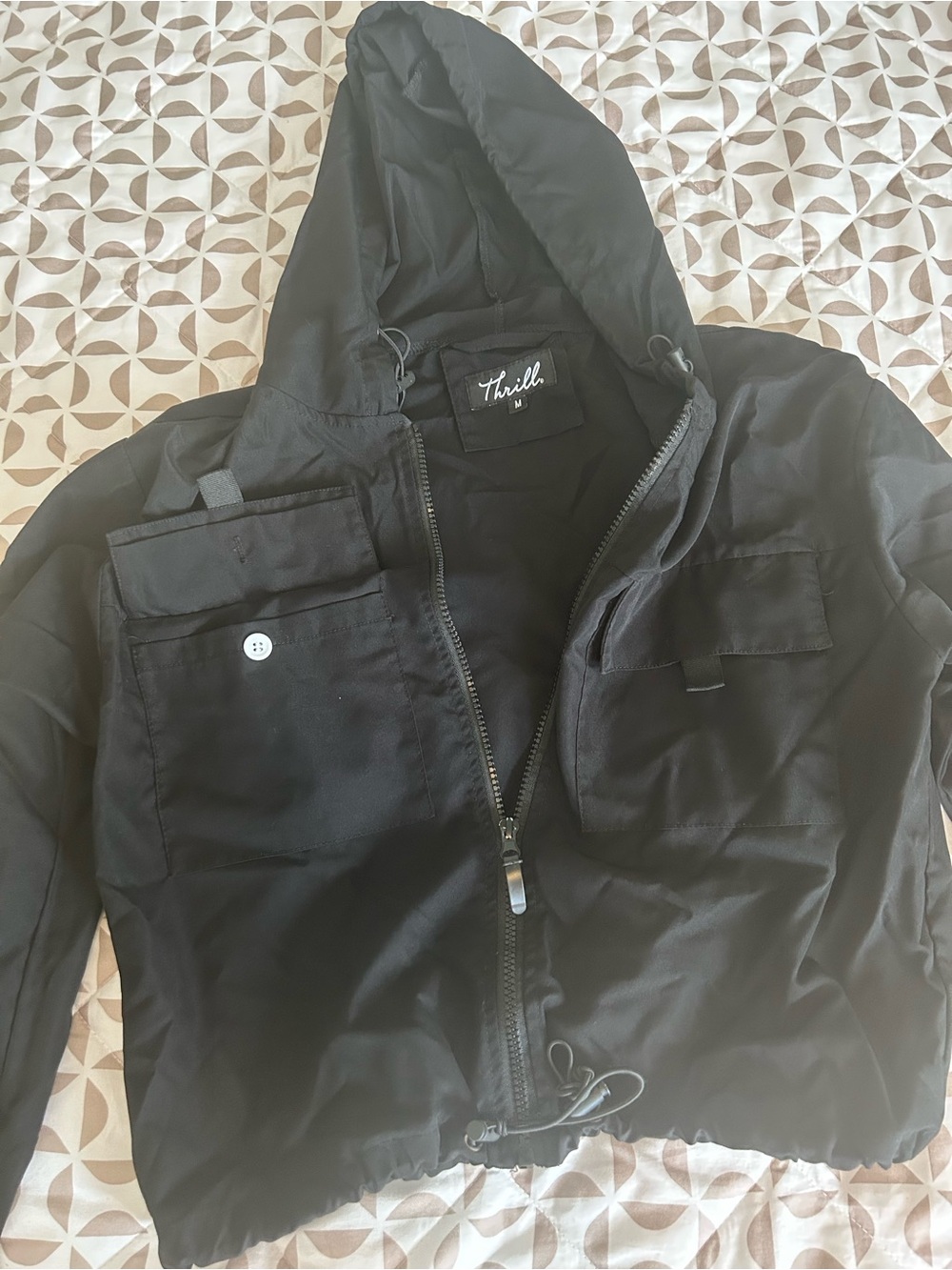 Thrill Black Hooded Field Jacket with Front Zip and Patch Pockets